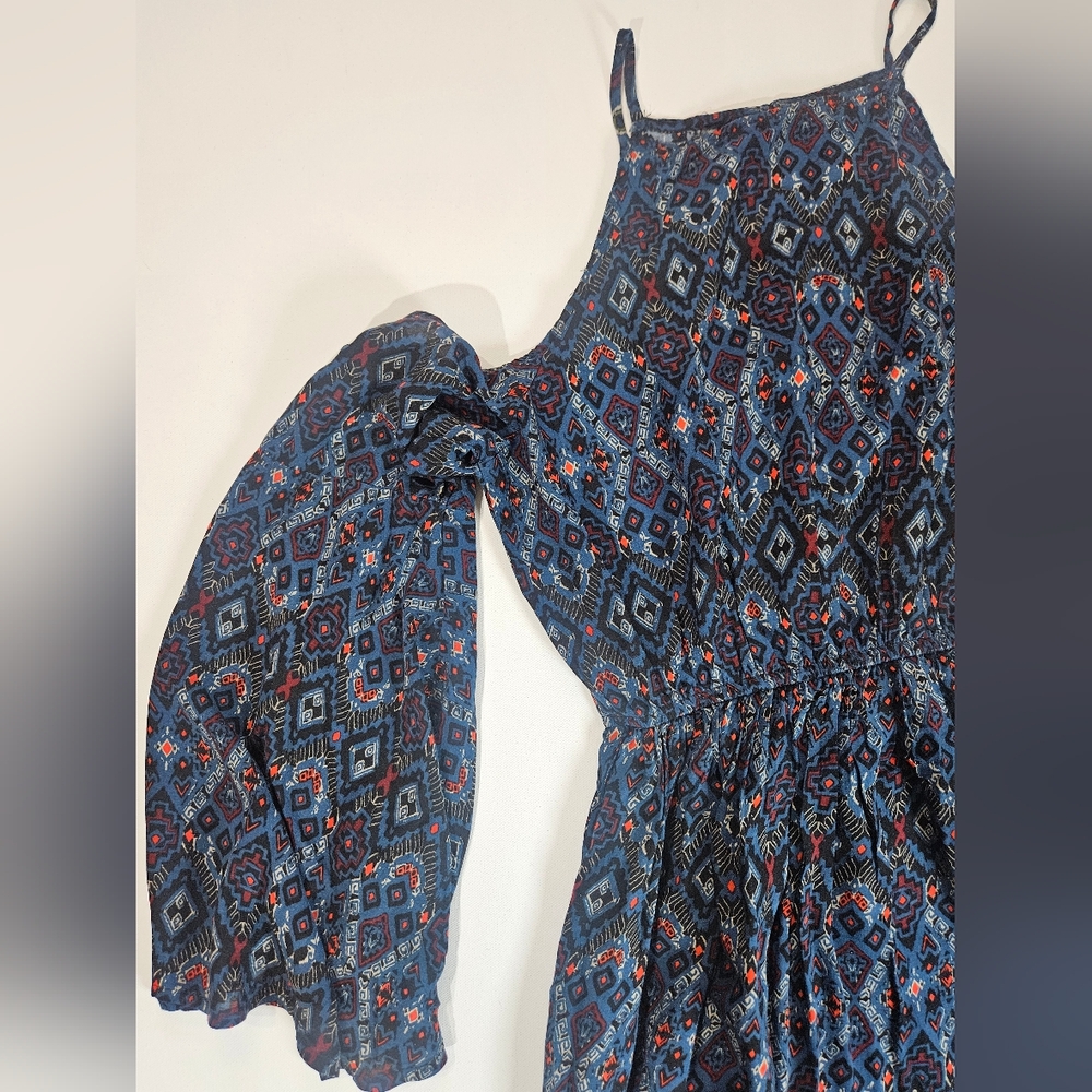 Abercrombie & Fitch Cold Shoulder Dress XS Blue Red Accent Paisley Boho Aztec - Picture 6 of 10
